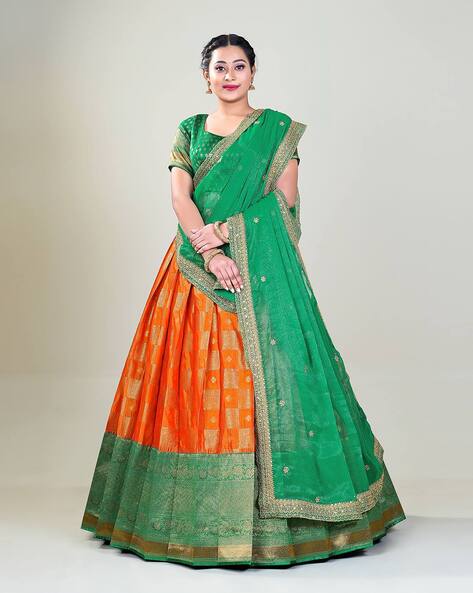 Urvi Rama Green-Orange Kanchipuram Lehenga Choli – Zariknyaa