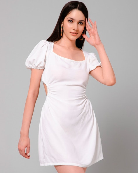 Brailey Mini Dress - Puff Sleeve Fit and Flare Dress in White | Little white  dresses, White short dress, White engagement dresses
