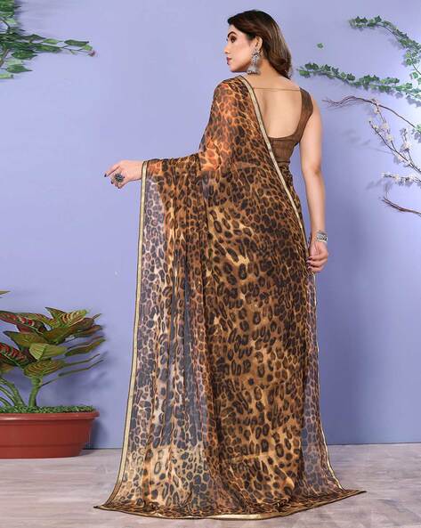 Satrani Black Floral Print Saree With Unstitched Blouse