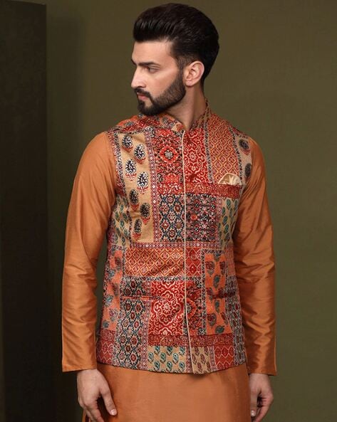 Navy blue color Satin fabric Digital Print Nehru Jacket on Sale, Upto 45%  OFF -