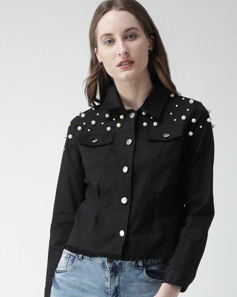 Area Ladies Black Crystal Flower Denim Jacket, Brand Size 6 2203J05155 Black  - Apparel - Jomashop