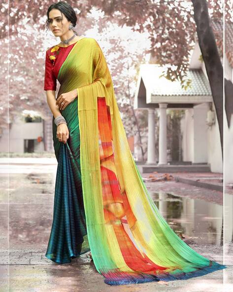 Elegant plain peacock green cotton saree with multicolor blouse piece –  Sujatra