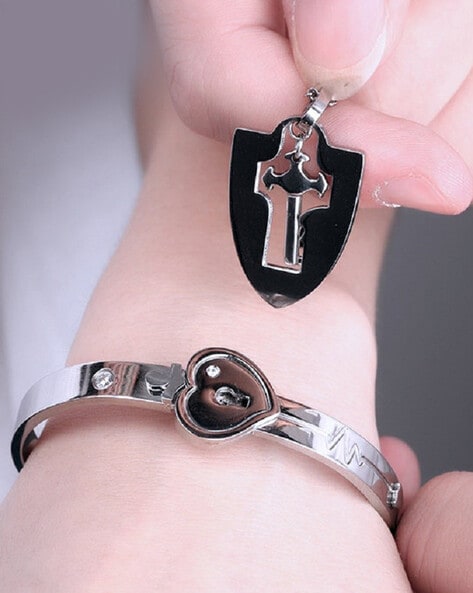 2Pcs Tone Stainless Steel Lover Heart Love Lock Bracelet with Lock Key  Bangles Kit Couple Jewelry Gift