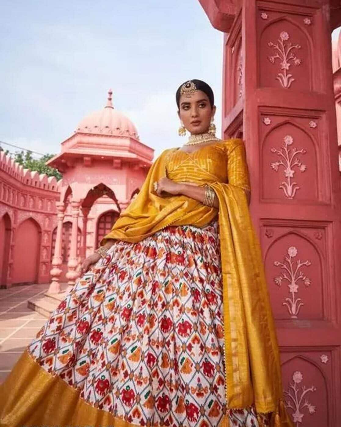 Mustard and Red Lehenga Dress | Silk lehenga, Lehenga designs, Designer  lehenga choli