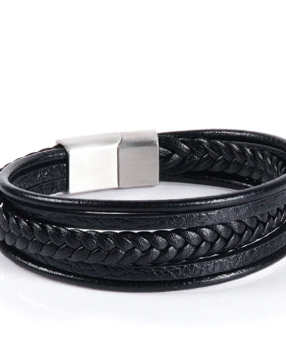 University Trendz Layered Leather Bracelet with Magnetic-Clasp Closure For Men (Black, FS)