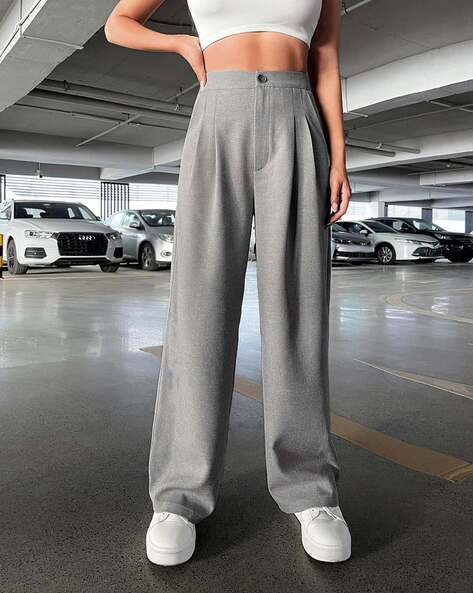 Dark Grey High-Rise Pleat-Front Trousers | Street Style Store | SSS