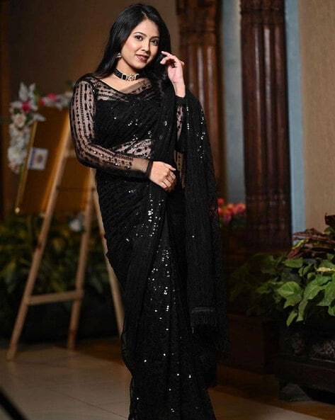 Embroidered Net Saree in Black  Saree designs, Black net saree