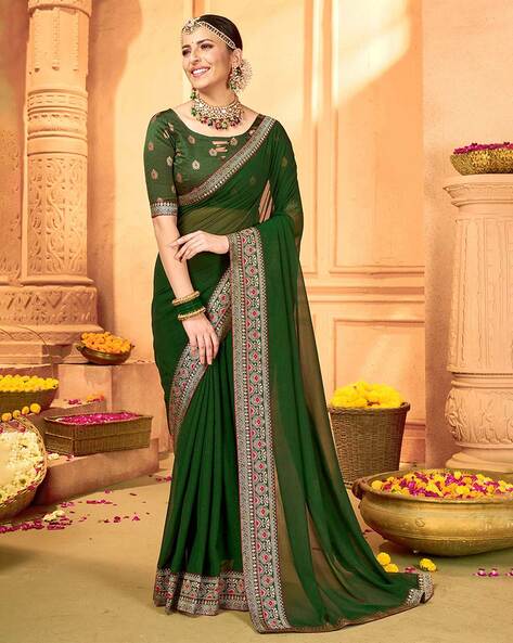 Banarasee Organza Silk Hand-work Saree & Contrast Blouse-Green