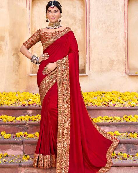 Glam Silk Saree with blouse in red color | Chiffon fabric, Party fashion,  Red chiffon