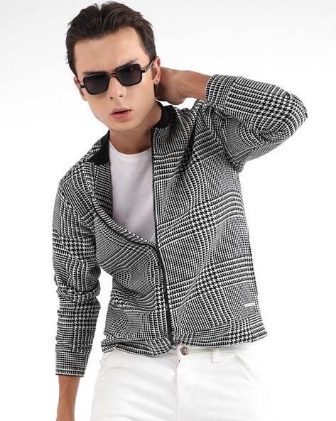 Houndstooth Print Zip-Front Bomber Jacket