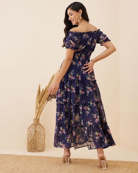 トップス Organdy tiered cami dress (Navy flower) Pure Organza Navy Blue Maxi Dress | Get it with 60% discount