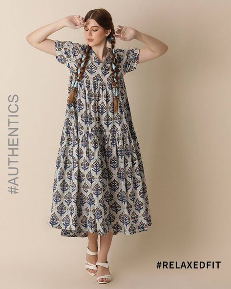 Hand Block Printed Cotton Fit and Flare Fern Dress - Mogra Designs
