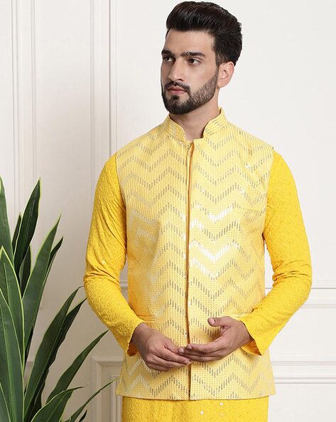 Wintage Men's Rayon Bandhgala Jodhpuri Festive Yellow Nehru Jacket Waistcoat