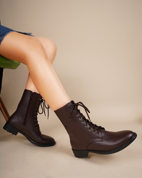 Flat brown lace up boots best sale