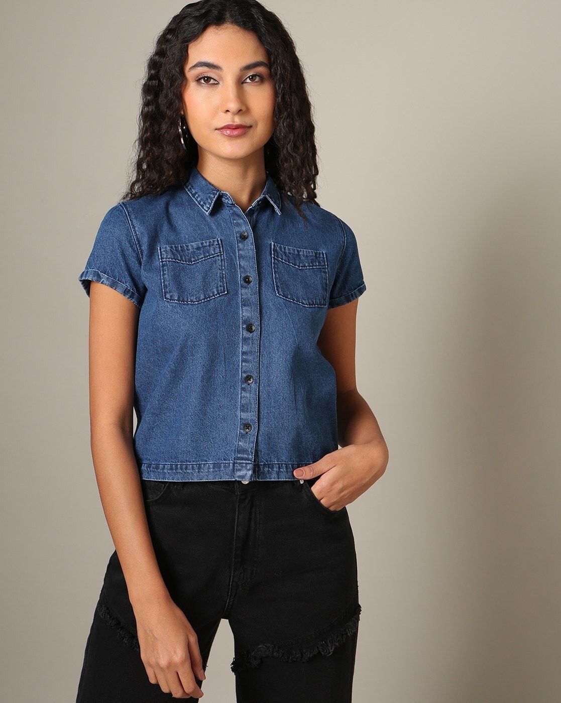 Dark blue denim shirt womens best sale