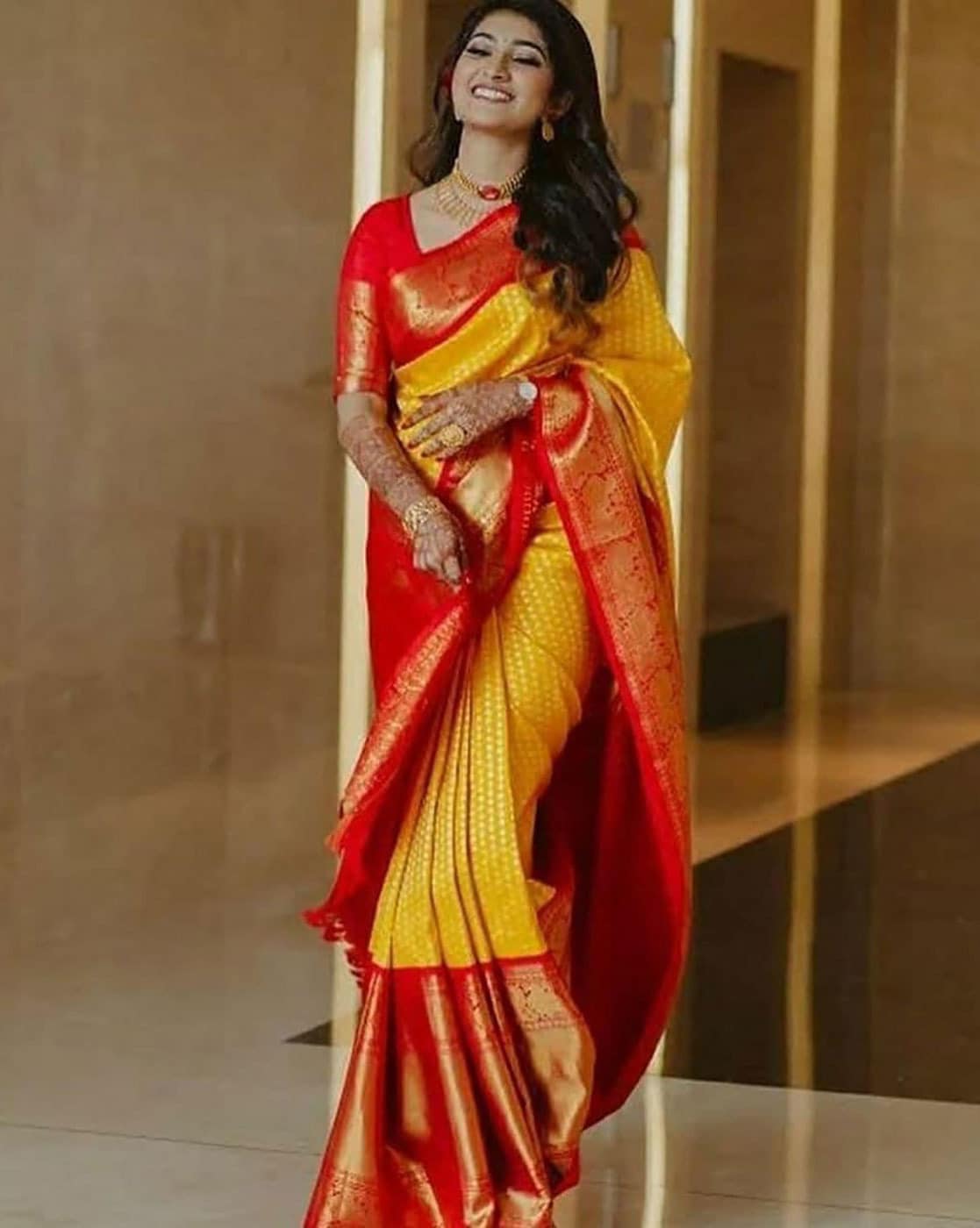 Buy Yellow Silk Saree Online in USA |Heavy Embroidery Scalloped Border –  Pure Elegance