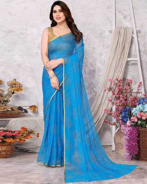 Pure Georgette Saree Sari Solid Plain Colour with Blouse Material Royal Blue  | eBay