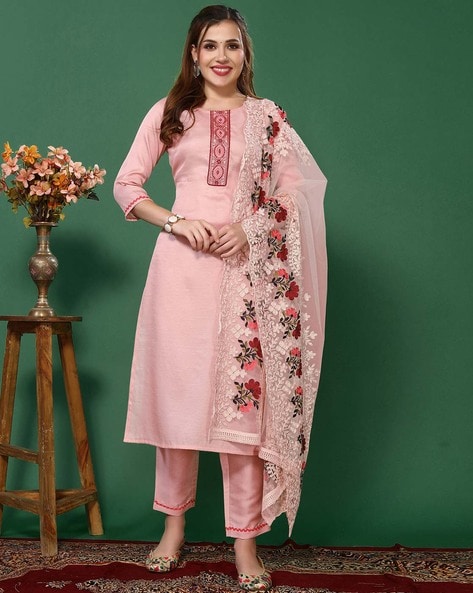 Get Women Pink Striped Empire Kurti with Trousers With Dupatta at ₹ 1620 |  LBB Shop