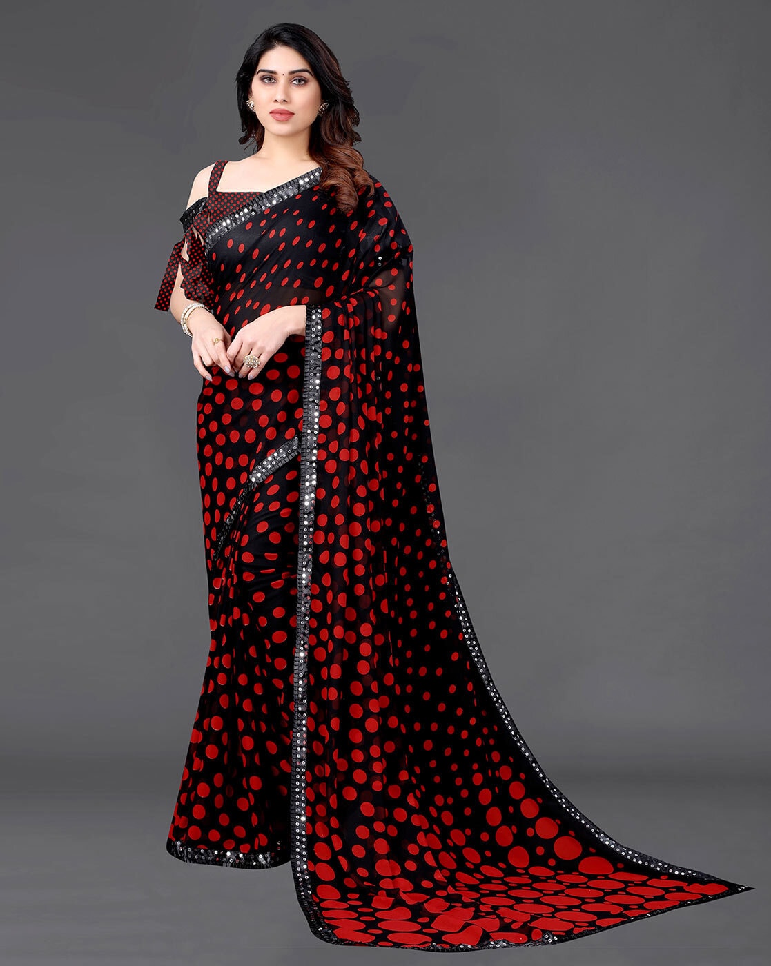 Black Printed Cotton Saree with all-over polka dots, self-border & pallu of  ogee pattern