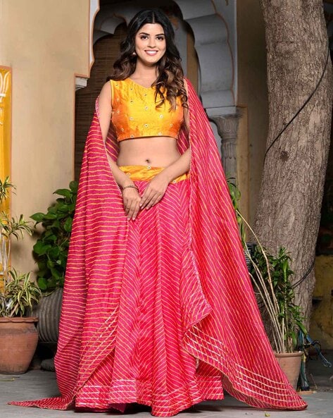 Buy Pink Chinon Embroidered N Yellow Tiered Lehenga Festive Wear Online at  Best Price | Cbazaar
