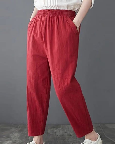 Red linen trousers | pants for women | capri trousers in 100% linen