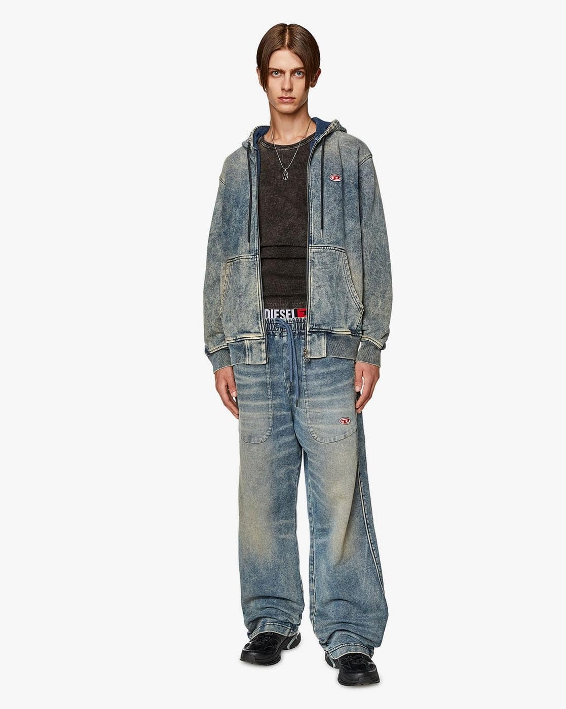 未使用級 DIESEL D-GIR-NE Track Denim Hoodie Men's Zip-up hoodie in coated Track Denim | Blue | Diesel