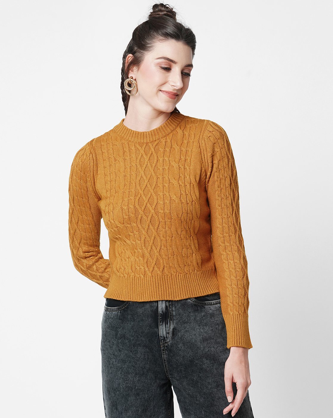 Mustard cable 2024 knit sweater