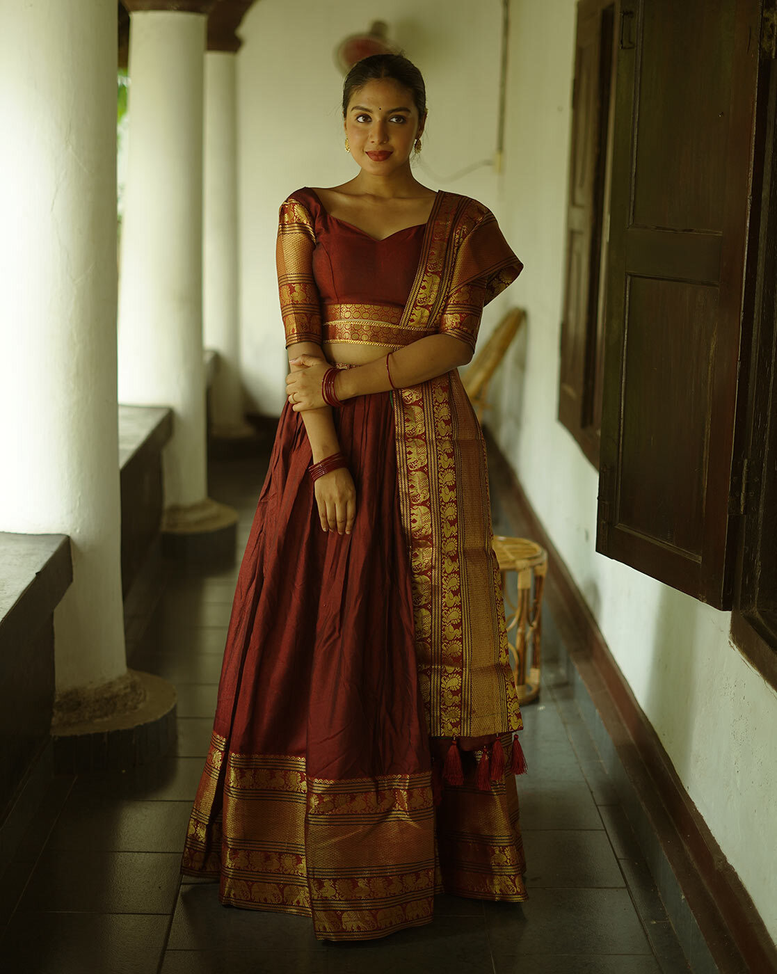 Loved this lehenga choli created using the kasavu saree fabric from Kerala  😍 pic courtesy @pinterest . #cotton #… | Saree trends, Half saree designs,  Saree models