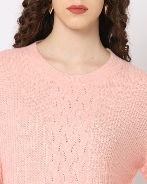 Vintage peach coral tone hand knit sweater / lightweight and airy 2024 / thick crew neck / fits like s