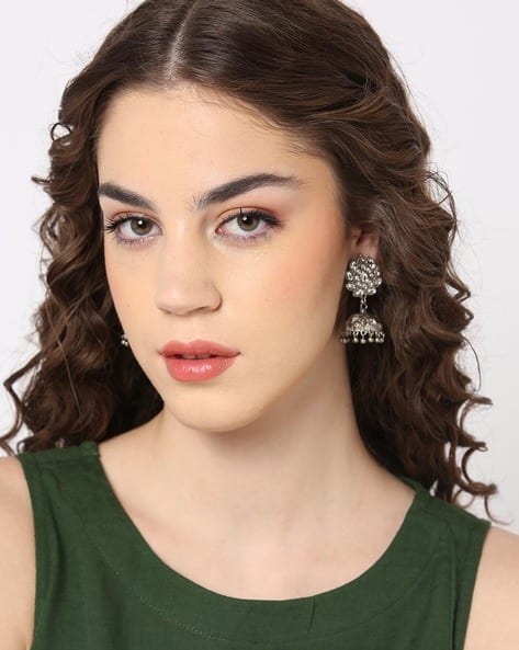 MATCHITT Silver-Plated Kundan Studded Jhumkas