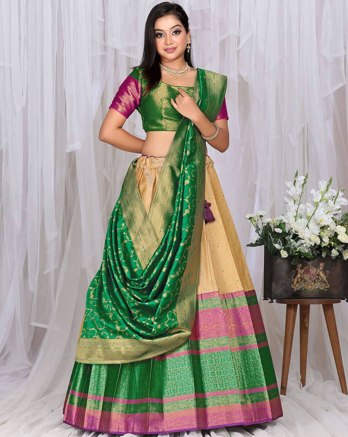 Green Pink Kanjivaram Silk Zari Half Saree Now In Trend – Clothing Crown -  Women's Clothing Store