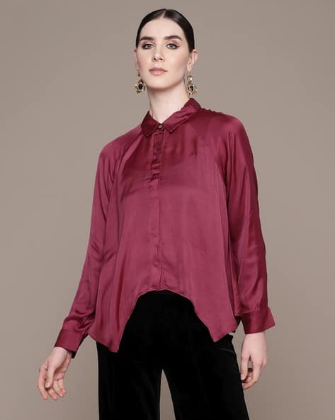 princess polly baby blue dress Burgundy Red Plain Crushed Satin Shirt