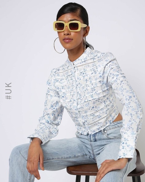 Glamorous - White Flower Print Blue Shirt