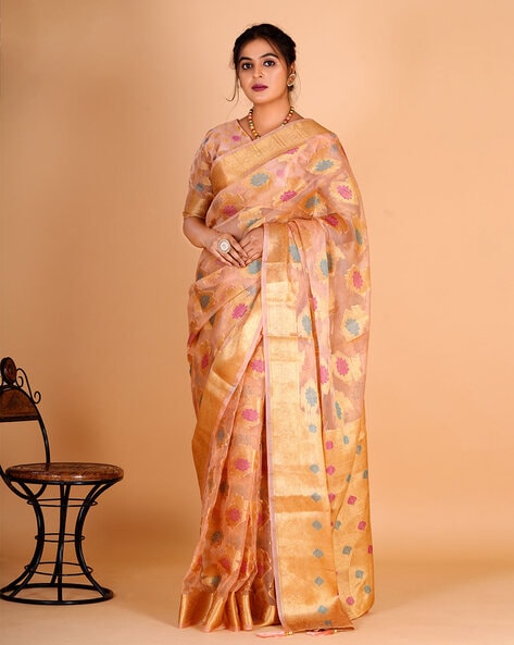 Buy Stylescope Women's Organza/Tissue Silk Zari Jacquard Saree With Organza/Tissue  Silk Unstitched Blouse Piece(Peach,Gold) at Amazon.in