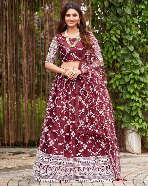 Maroon Pleated Chinon Georgette Bandhej Lehenga with Ruffle Dupatta...