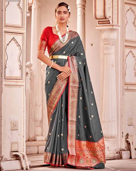 Handwoven Grey Kanjeevaram Silk Saree With Black Border