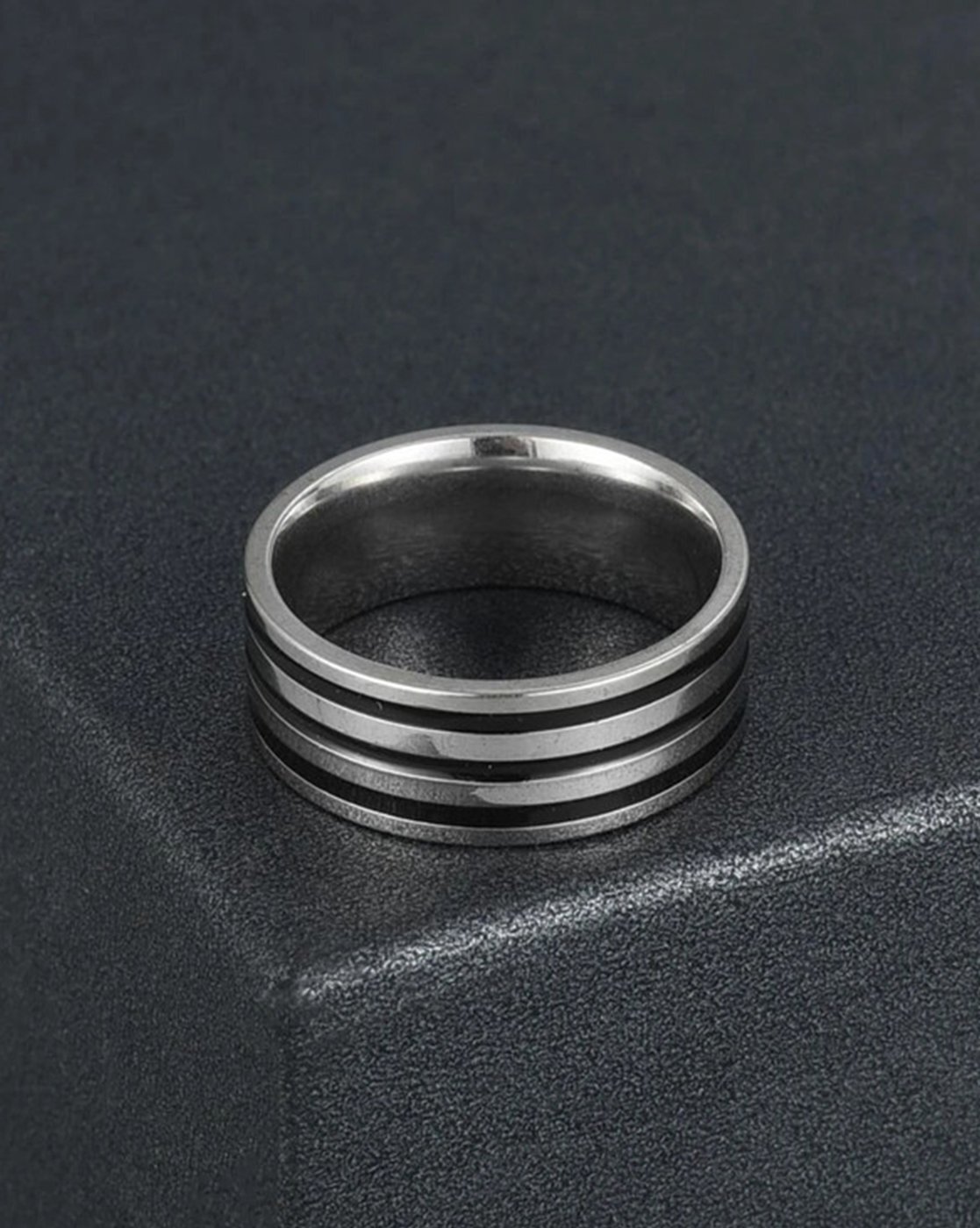Stylish Black Striped Silver Stainless Steel Ring | F56-May-114 | Cilory.com