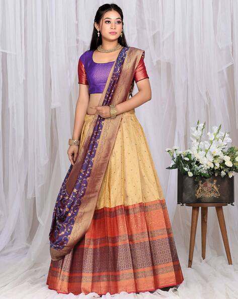 Banarasi Silk lehenga Half Saree with Zari Work & Contrast Dupatta for  Women with unstitched pink blouse - HALFSAREE STUDIO - 4231017