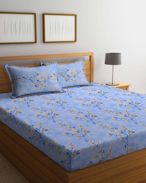 KLOTTHE 400 TC Floral Print Pure Cotton Fitted Double Bedsheet with Pillow Cover