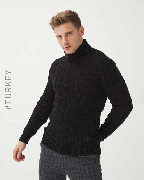 Men's black cable knit turtleneck sweater best sale