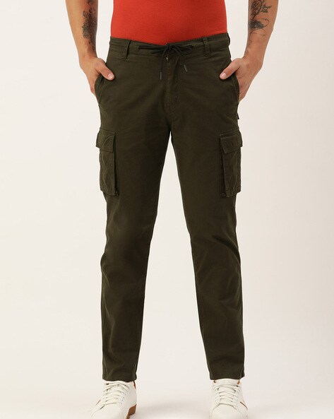 Buy TISTABENE Dark Olive Solid Cotton Relaxed Fit Men's Cargo