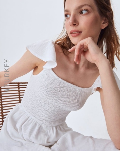 Hollow Out Backless White Summer Dress Women Puff Sleeve Pleated Mini  Dresses Square Collar Ruffles Beach