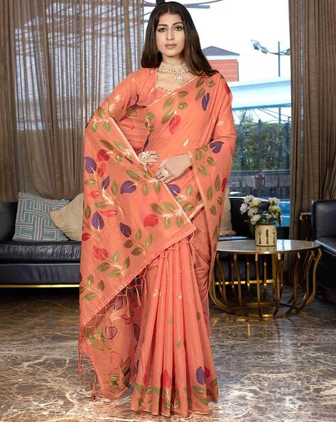 Pastel peach organza saree with coral red raw silk blouse only on kalki