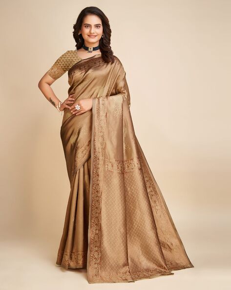 Buy Nyri Blended Fabric Golden Light Striped Plain Mustard Saree with  Unstitched Blouse online