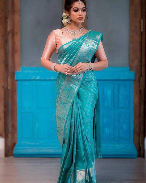 Party wear Silk Teal Blue Contrast Blouse Saree MS1060756