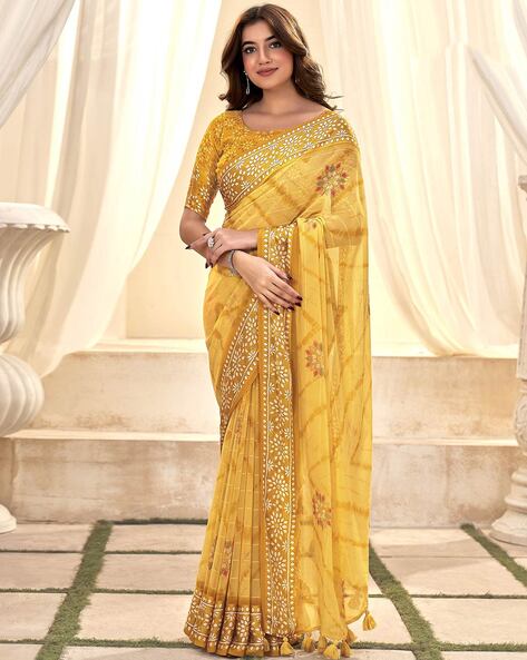 Plain Kundan Work Party Wear Yellow Georgette Saree, 6 m at Rs 575 in New  Delhi