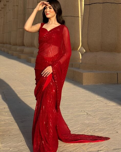 Red Net Saree Blouse Designs for Party Wear