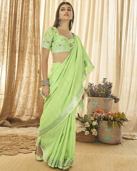 Teal Green Color Silk Fabric Saree With Contrast Blouse