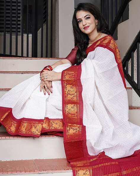 Striped White Kanjeevaram Silk Saree with Dark Red Border - Tulsi Weaves