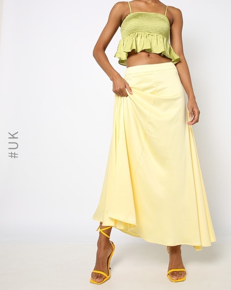 Women Solid Yellow Waist Bow Tie-Up Pleated Maxi Skirt - Berrylush